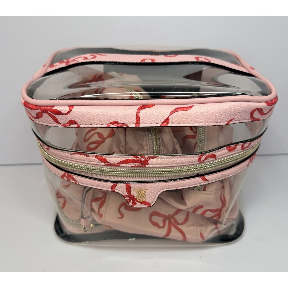 Victoria's Secret 4 in 1 Makeup Bag Set Pink Red Ribbon Bow Clear Train Case